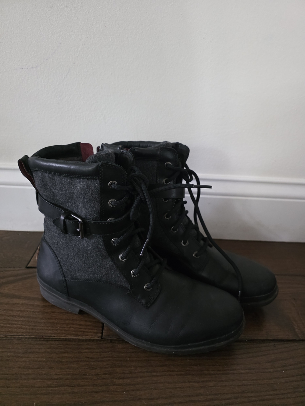 UGG Black Leather and Gray Wool Waterproof Ankle Boots